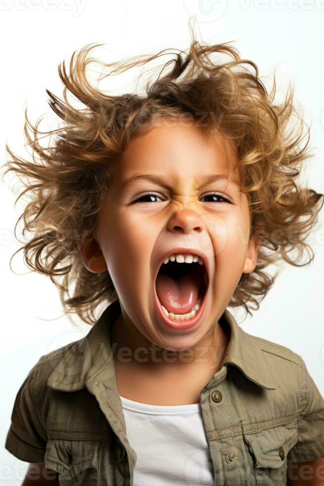 A single child screaming in frustration isolated on a white background photo