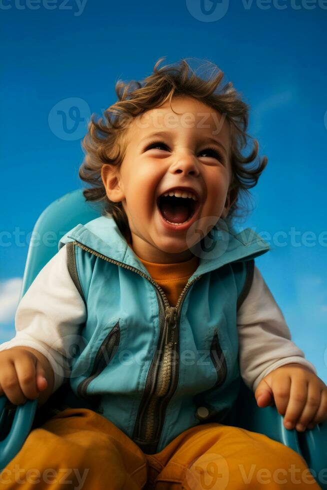 A child laughing on a swing ride isolated on a summer gradient background photo