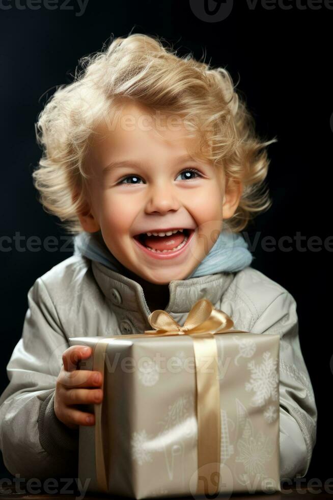 A child gleefully unwrapping a present isolated on a white background photo