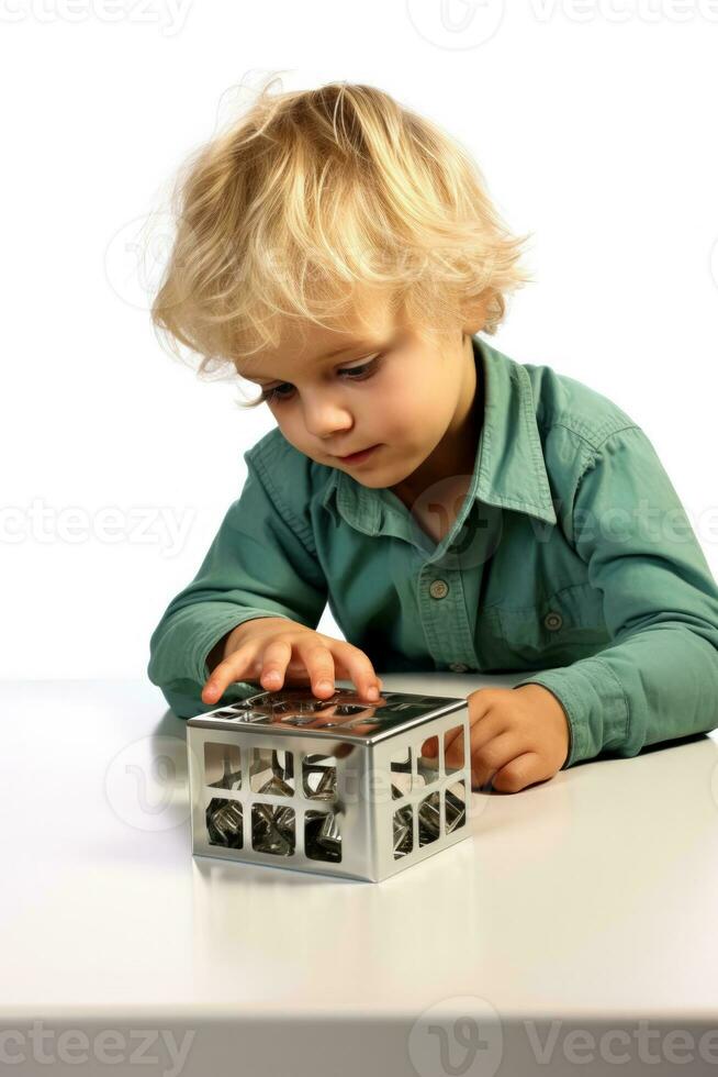 un perplejo niño recuento un geometría cubo aislado en un blanco antecedentes foto