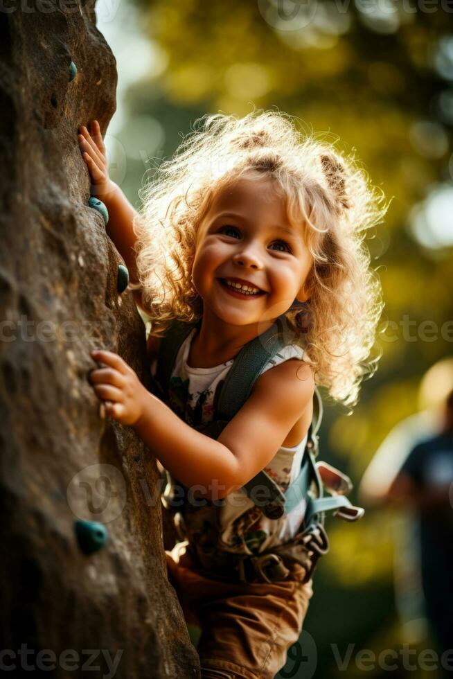 determinado niño escalada un alpinismo pared exhibiendo fuerza y Resiliencia foto