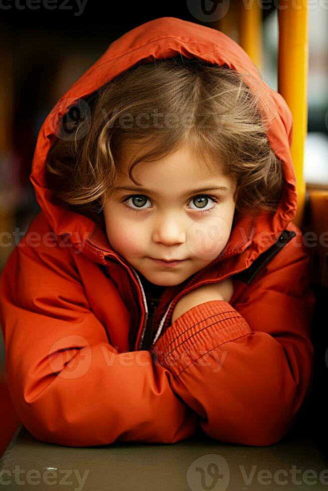 Shy child blushing and avoiding eye contact during a playground interaction photo