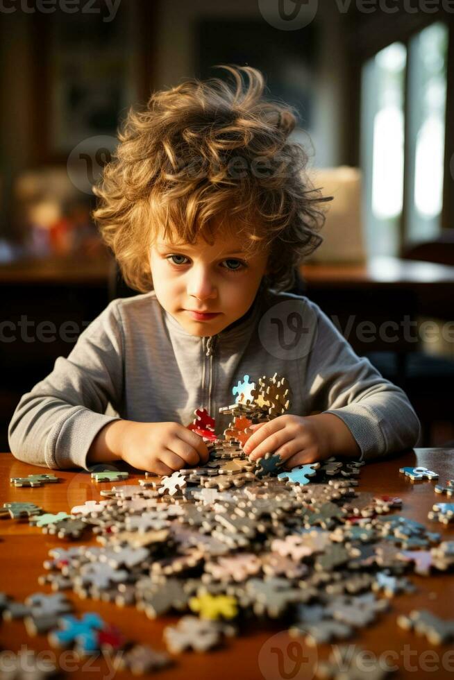 Childs face fluctuates between confusion and enlightenment while studying educational puzzles photo