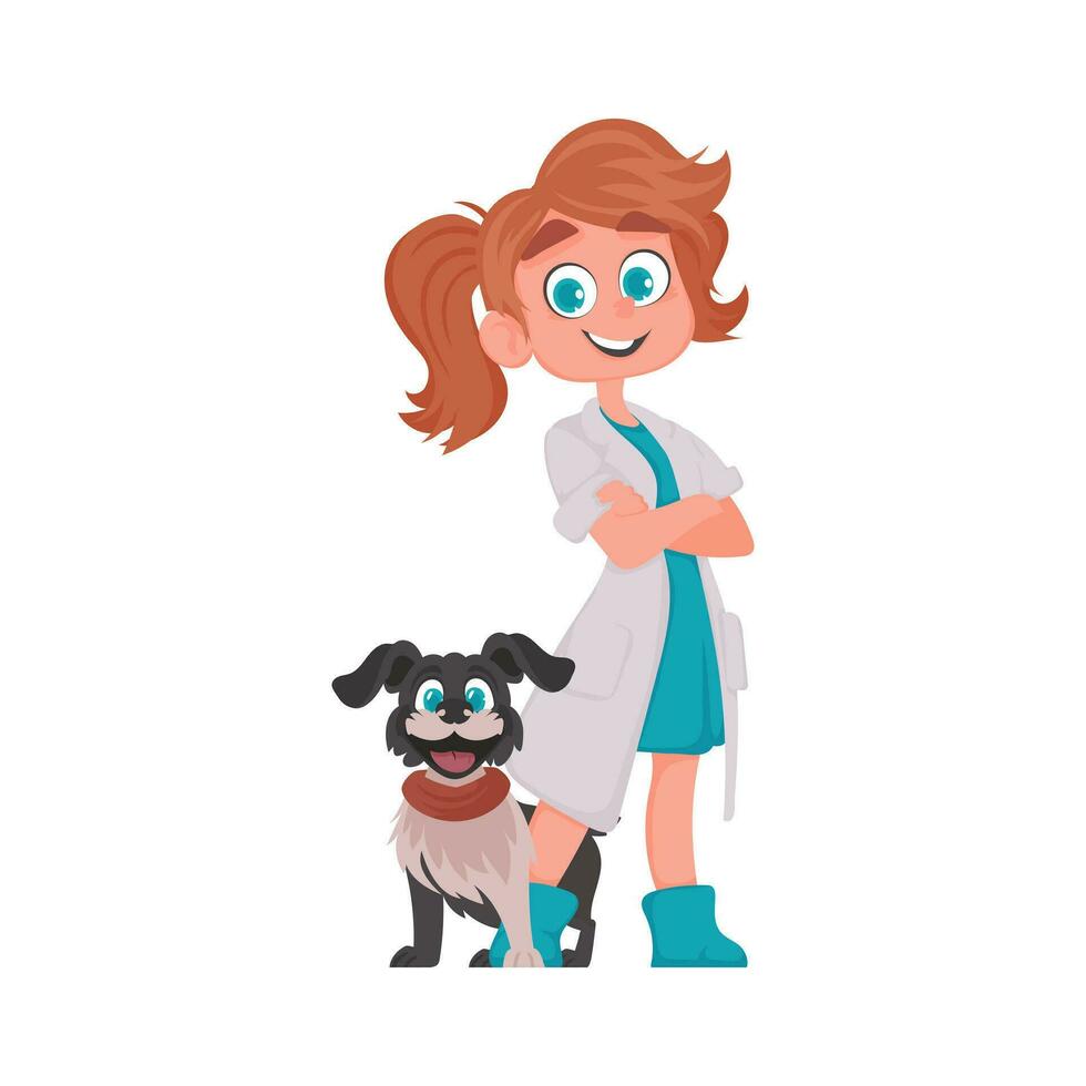 There is a joyful woman who takes care of animals as a doctor, and she also has a very cute dog Vector Illustration