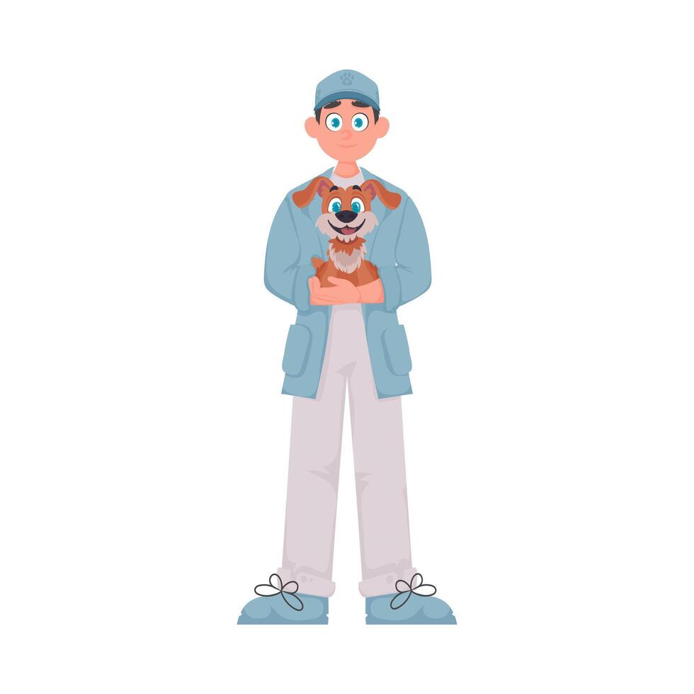 A joyful man who is a veterinarian and looks after a cute dog Illustration vector