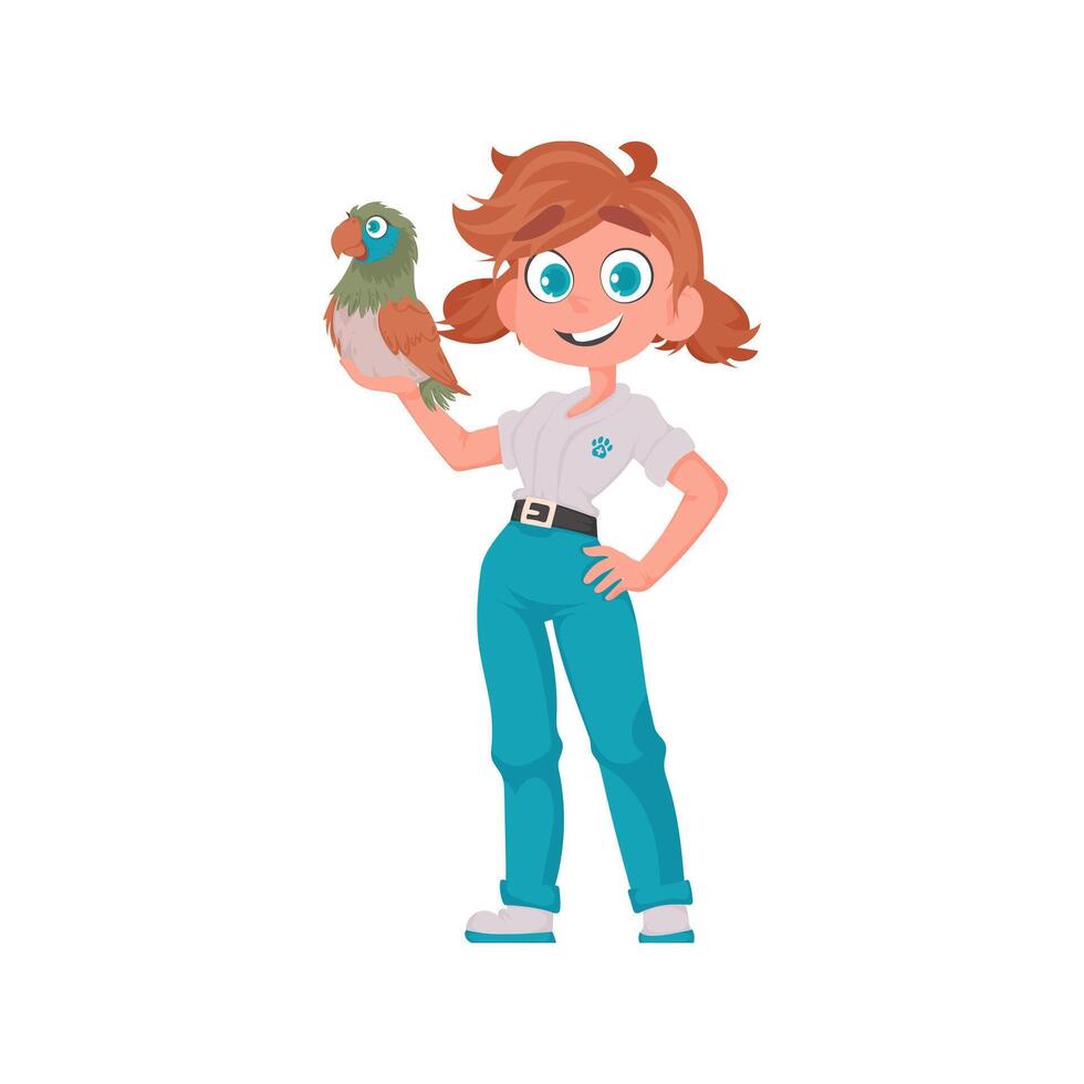 A happy woman takes care of animals, including a big and colorful parrot Illustration vector