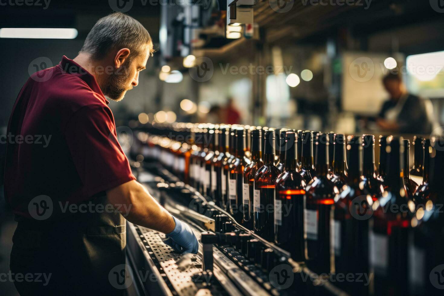 Skilled worker applying elegant labels to wine bottles on an automated assembly line photo