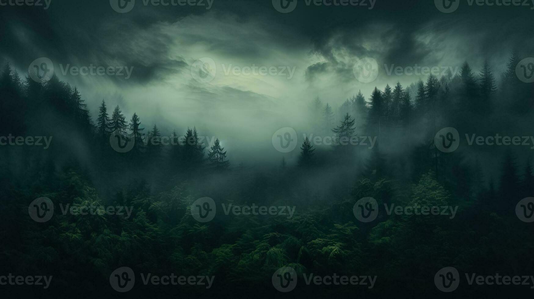 An eerie fog descends upon a dense forest creating a haunting atmosphere background with empty space for text photo
