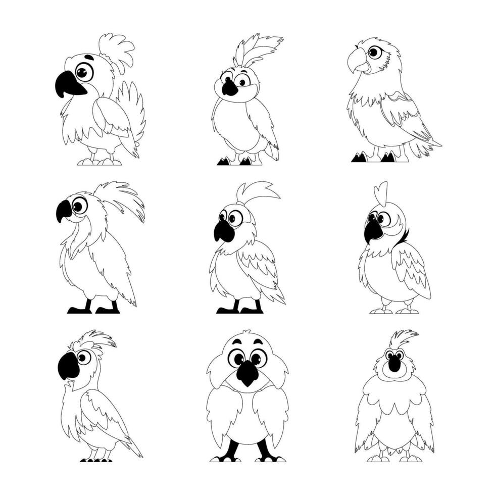 A large collection of amusing and adorable parrot, made in a straight line Childrens coloring page vector