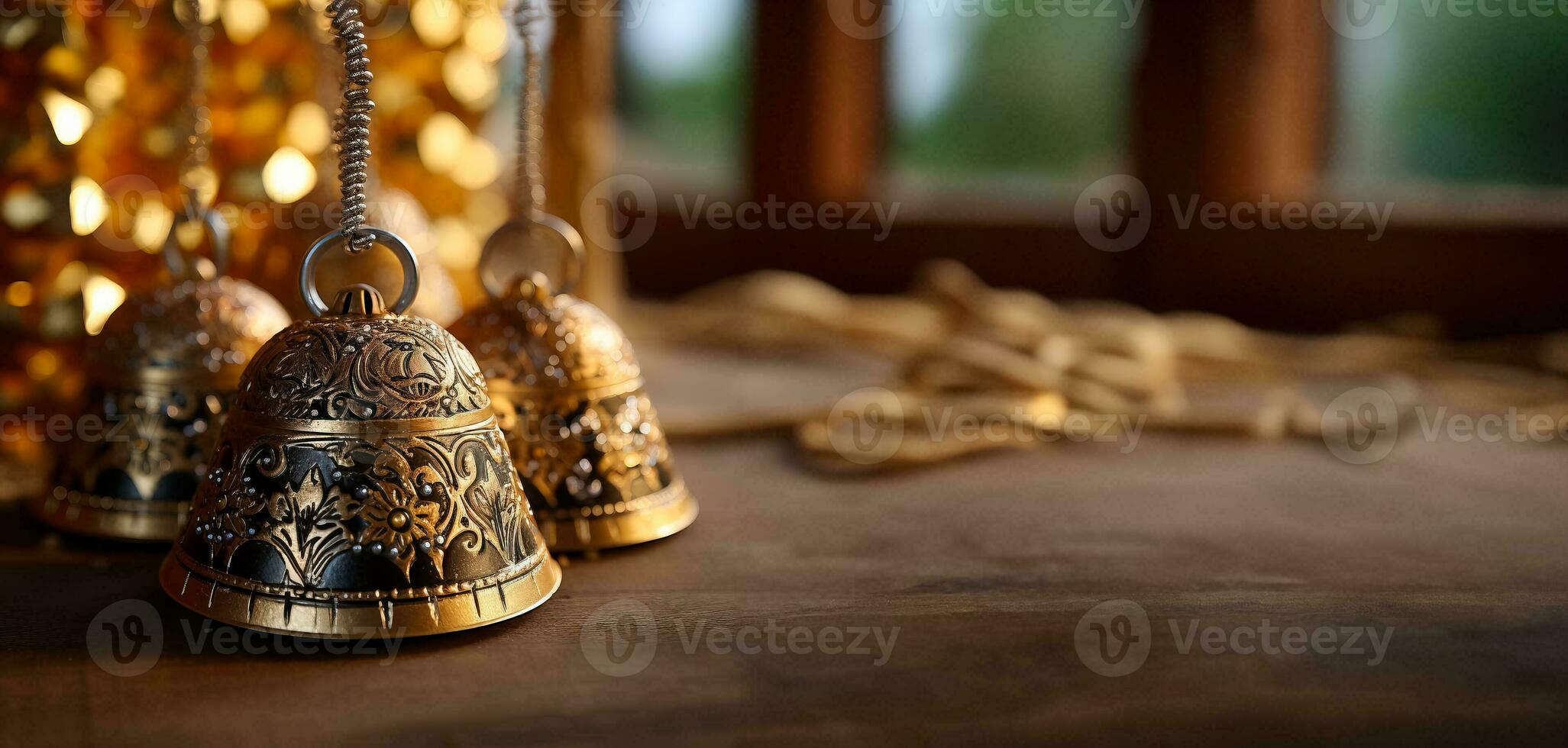 A close-up of bell ornaments with intricate low relief designs on shimmering golden glitter backgrounds adding a touch of elegance photo