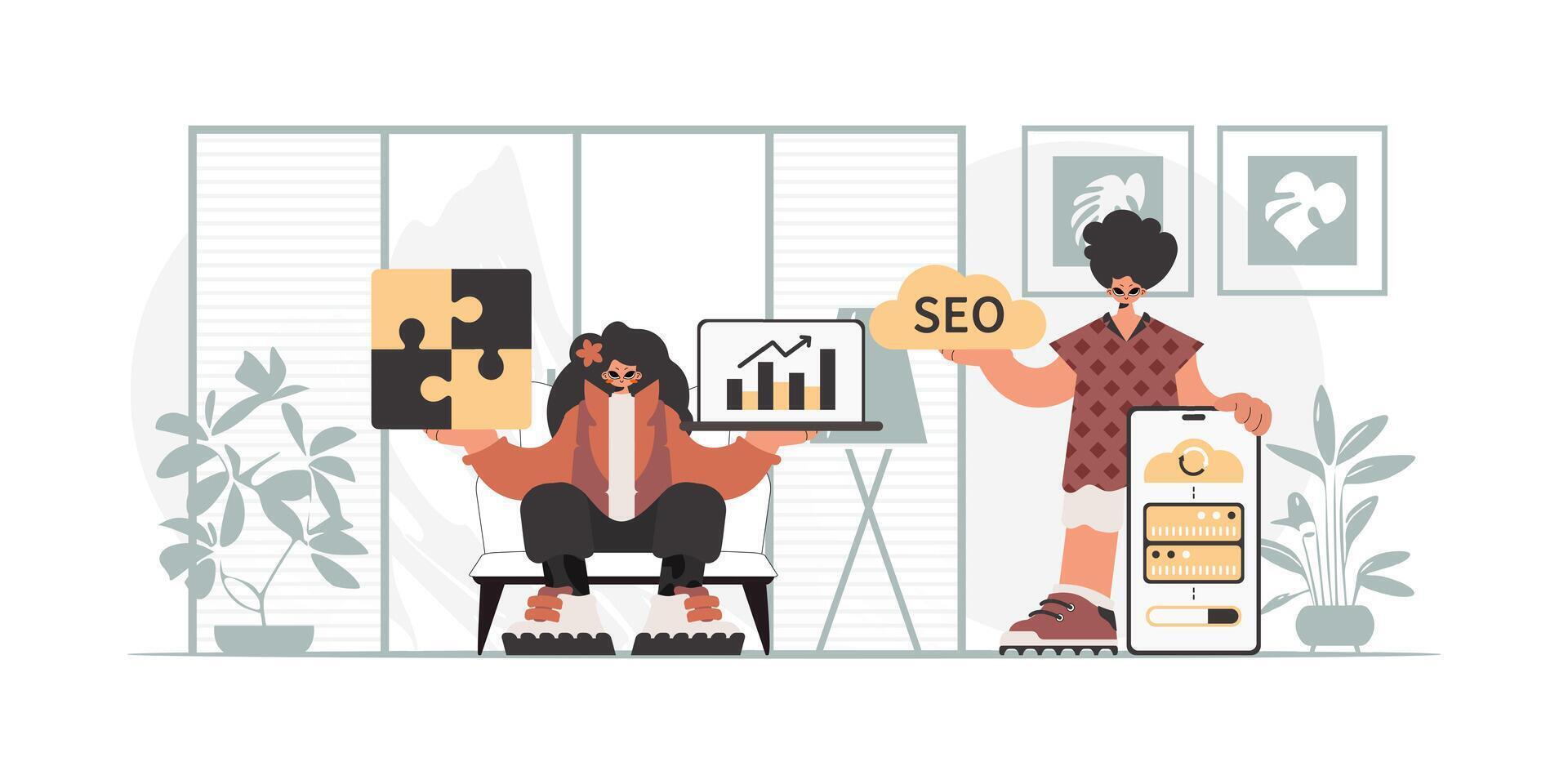 Two people are sitting in front of a computer with a puzzle piece vector