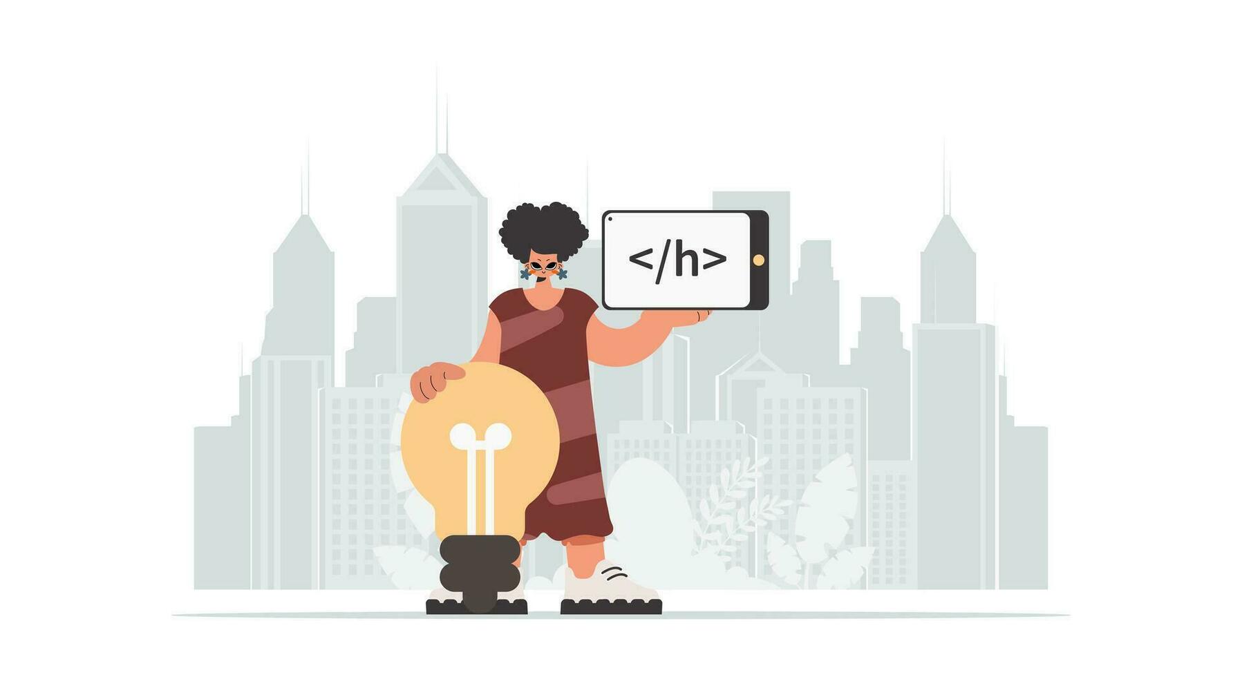The energetic lady is holding a browser window with a programming picture, and to boot standing close a colossal light bulb. Trendy style, Vector Illustration