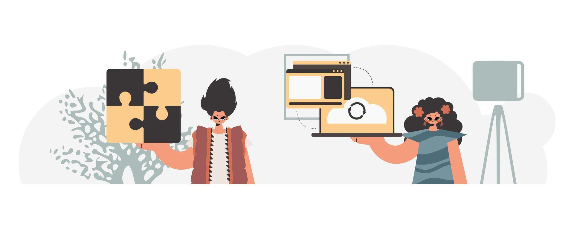 Two people holding up a laptop and a puzzle piece vector