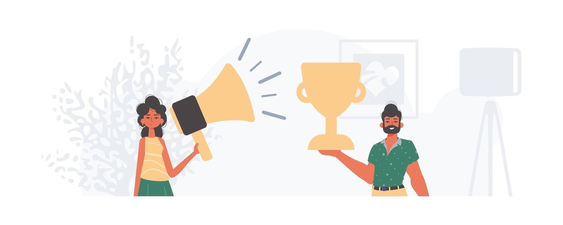 A man and woman holding up a trophy and a megaphone vector