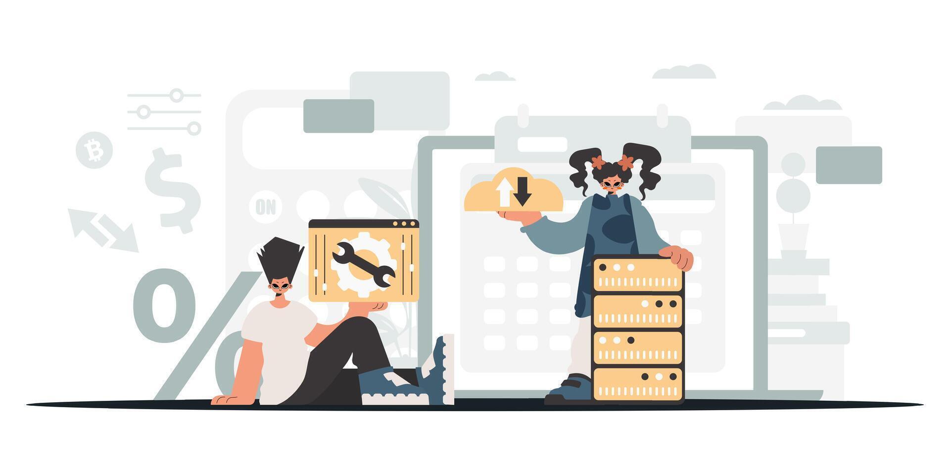 Two people are sitting on a desk with boxes vector