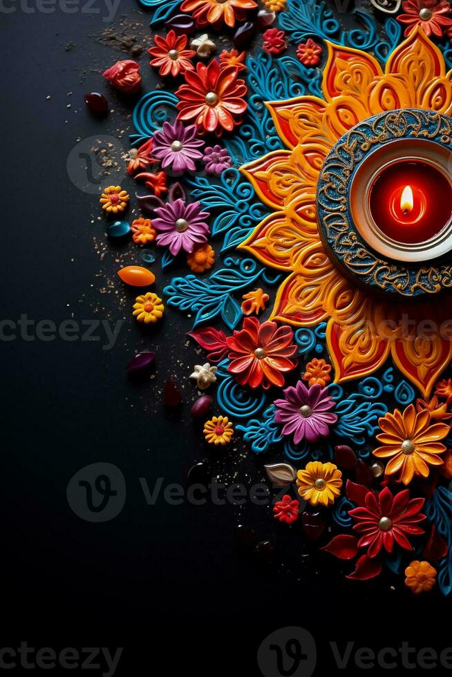 Colorful Rangoli designs for Diwali celebration background with empty space for text photo