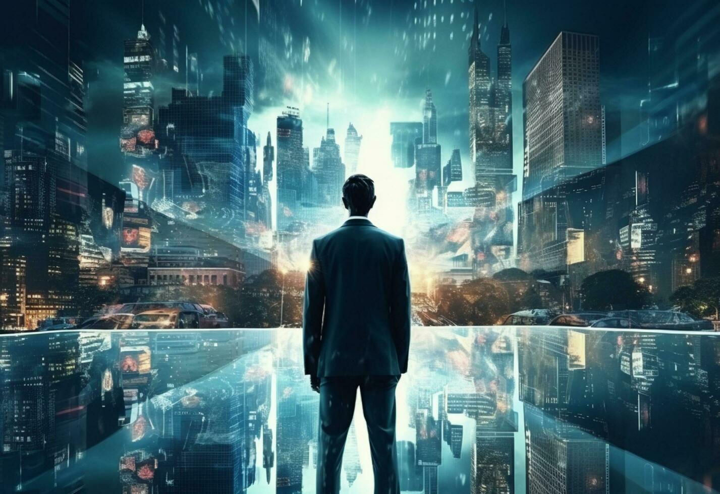 Ai generative A Double Exposure of a Businessman in the Cityscape Embodies Success and Future Plans photo