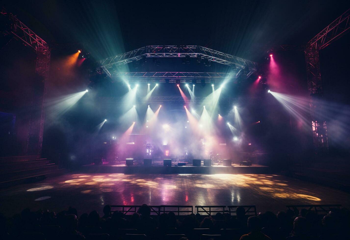 Ai generative Concert Stage Scenery With Spotlights Colored Lights Smoke photo