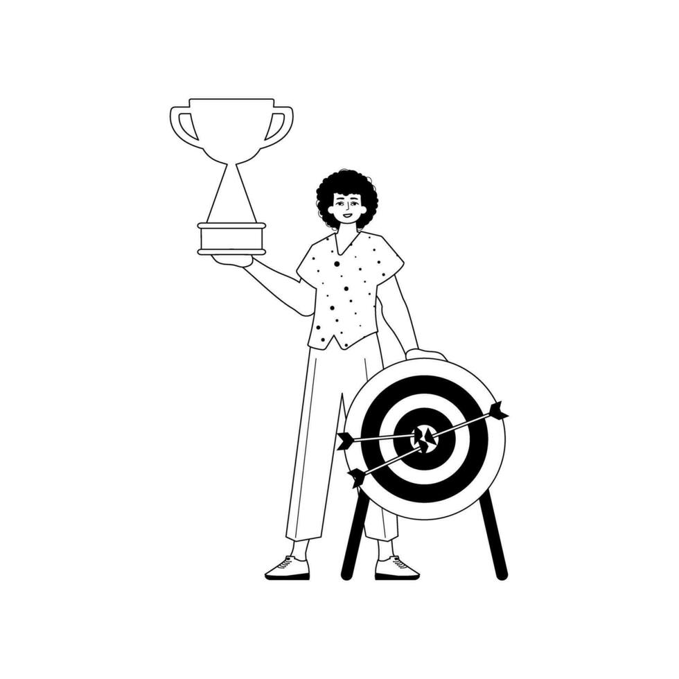 The Guy is holding a cup . national of victory . black and whiten linear manner. Trendy style, Vector Illustration