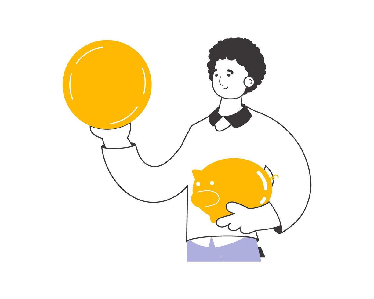 A man holds a coin and a piggy bank in his hands. The theme of saving money. Linear style. Isolated. . vector