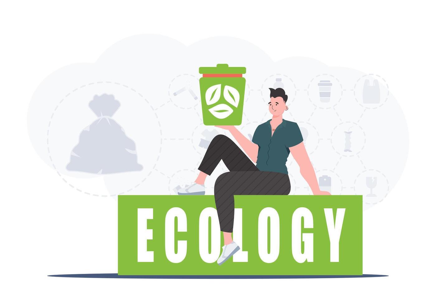 A man sits and holds an urn in his hands. The concept of recycling and zero waste. Vector illustration Flat trendy style.