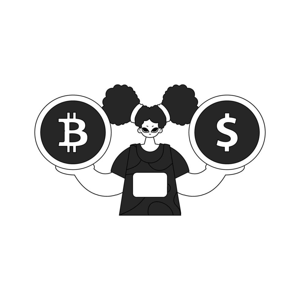 A unique woman holds a bitcoin and dollar coin in her hands. Linear black and white style. vector