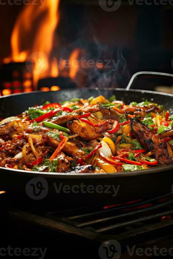 A close-up shot of a sizzling wok laden with vibrant ingredients showcasing the artistry of Asian street food steaming techniques photo