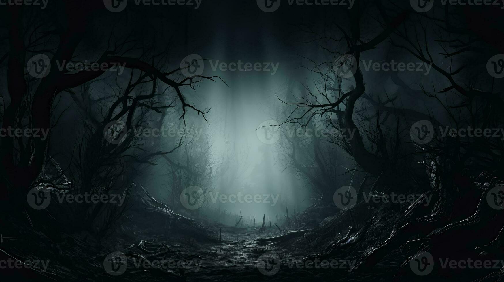 A misty forest with haunting trees shrouded in darkness background with empty space for text photo