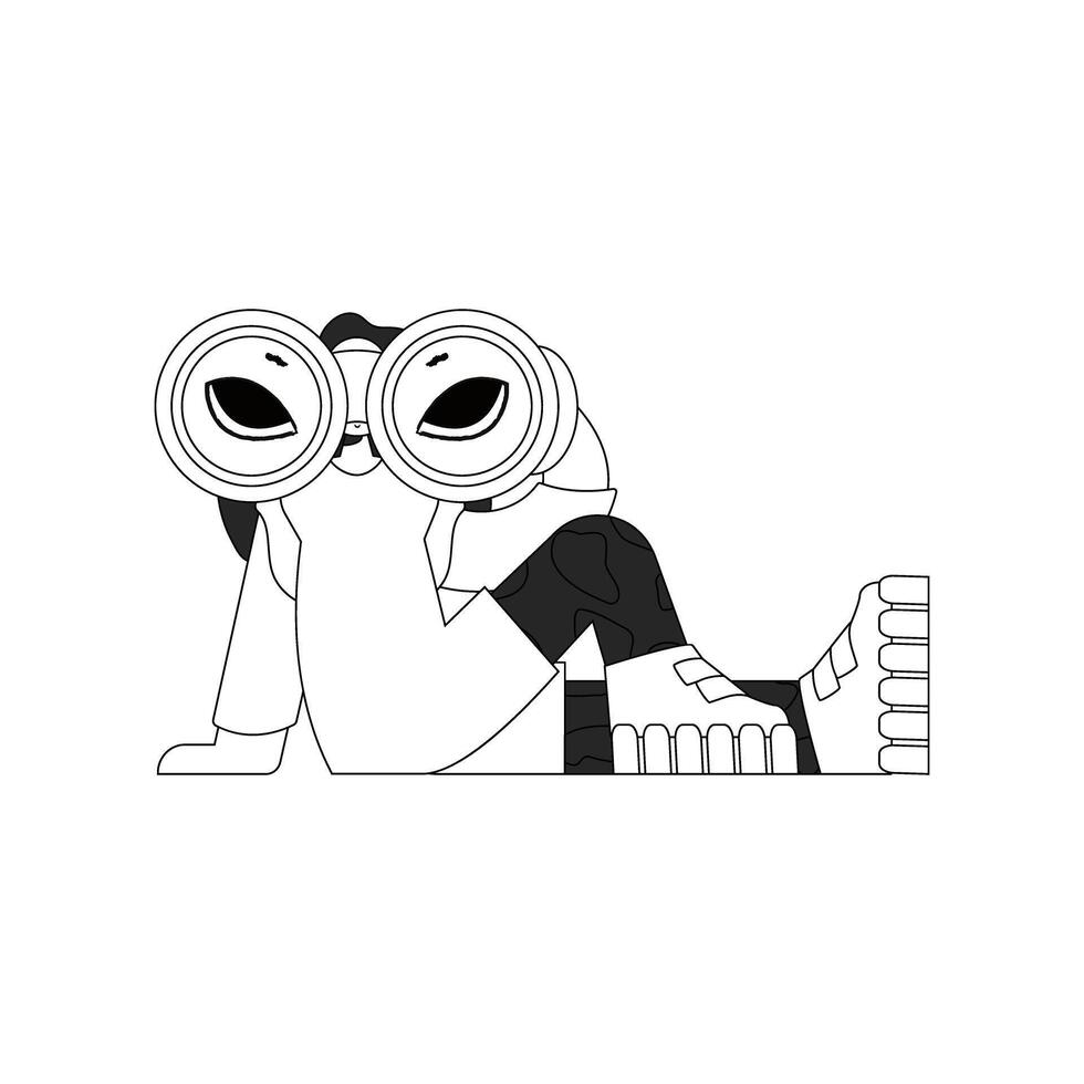 An experienced HR specialist woman looks through binoculars. HR topic. Linear newspaper black and white style. vector