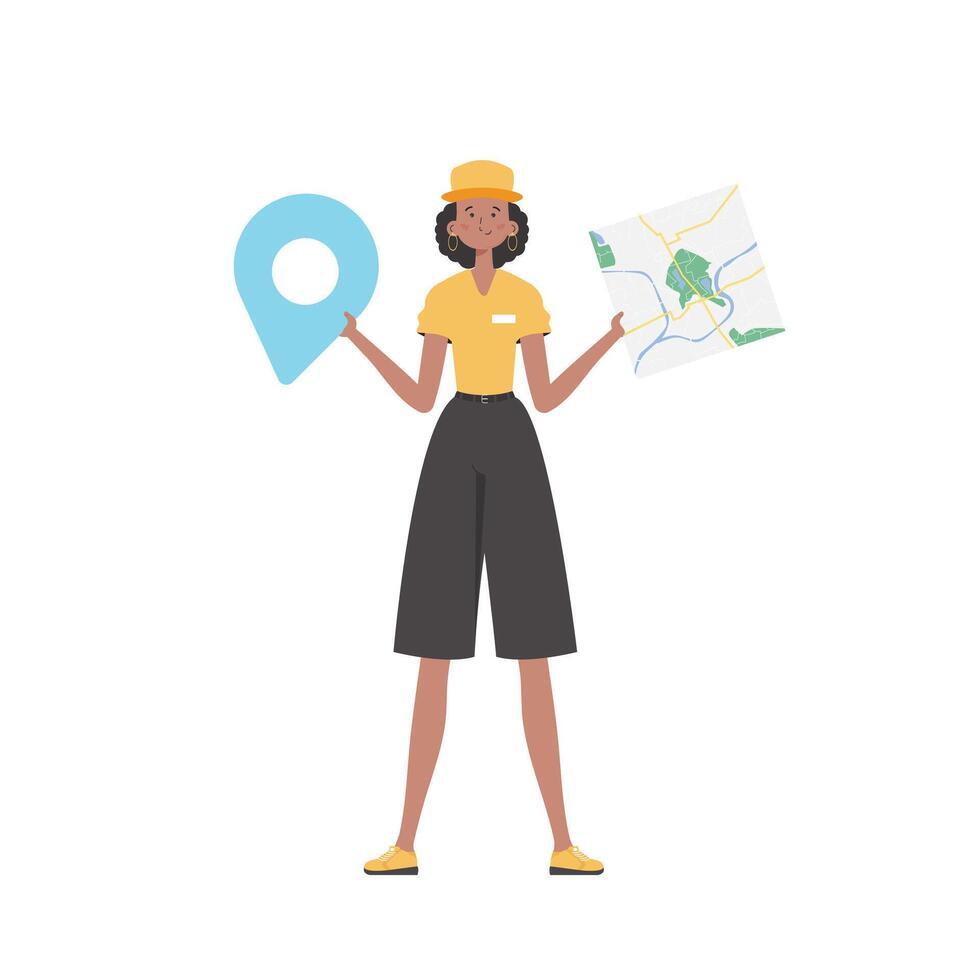 Girl water delivery operator holding a map. The trendy character is depicted in full growth. Isolated. . vector
