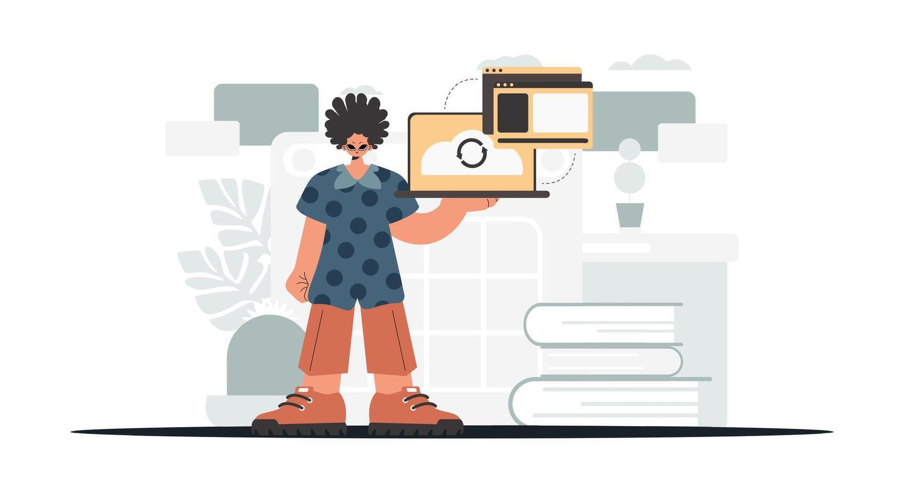 A man holding a laptop and a book vector