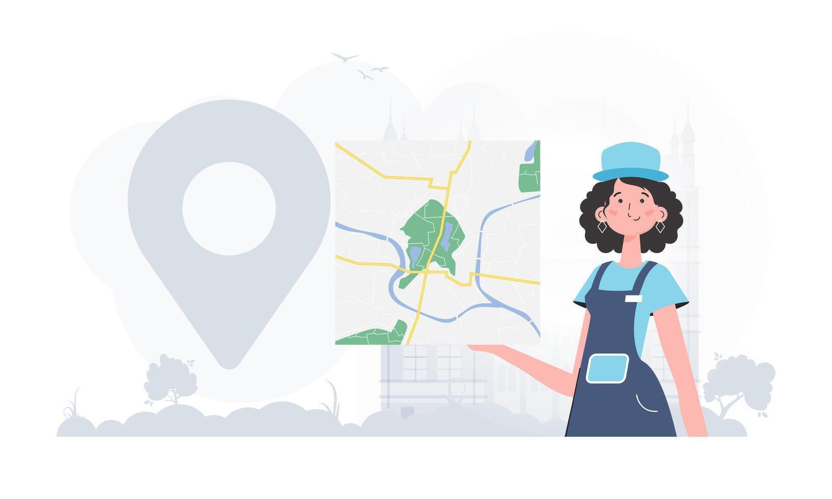 Delivery concept. The girl is holding a map. The stylish character is depicted to the waist. . vector