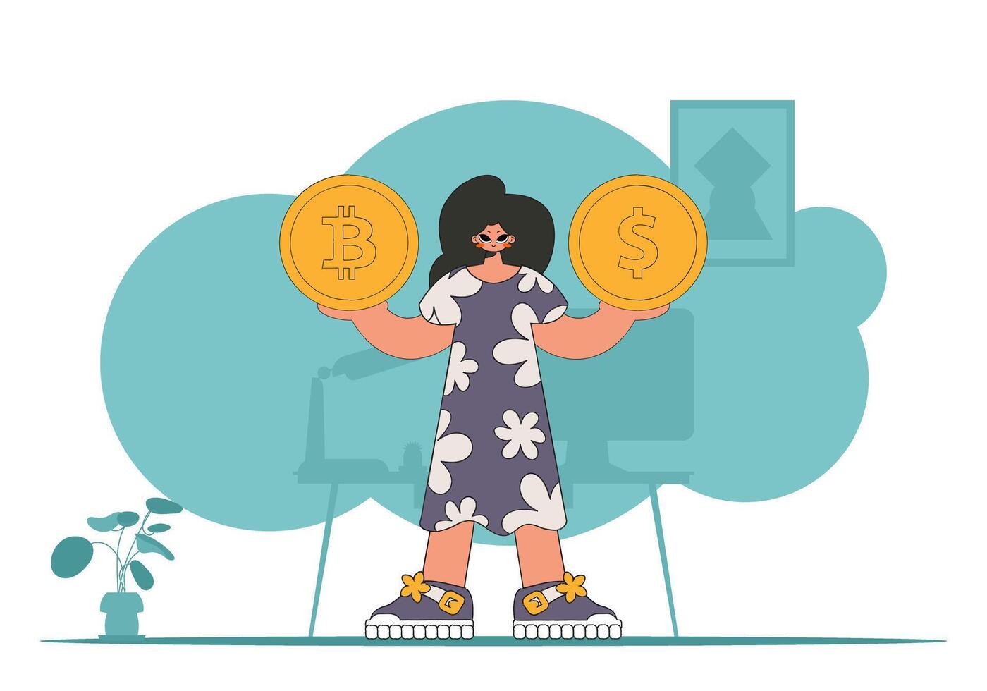 Girl holding dollar and bitcoin. Theme of interaction with digital monetary assets. vector