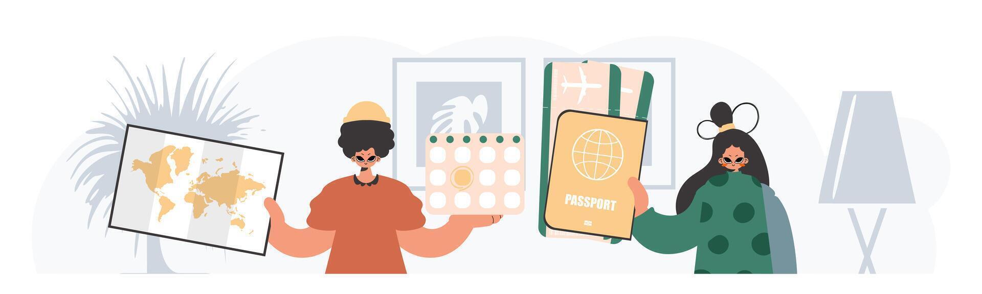 The person and the flooding lady are going on a trip. The concept of rest and travel. Trendy style, Vector Illustration