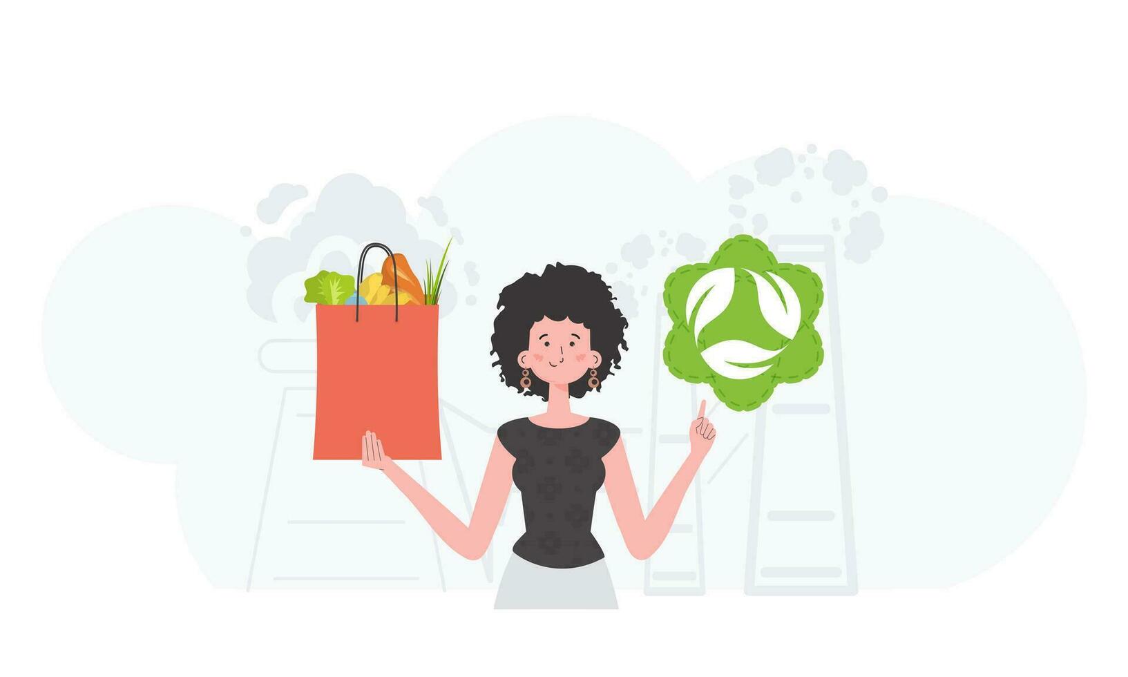 The girl is depicted waist-deep holding an EKO icon and a bag of proper nutrition. Healthy food, ecology, recycling and zero waste concept. Trend style, vector illustration.