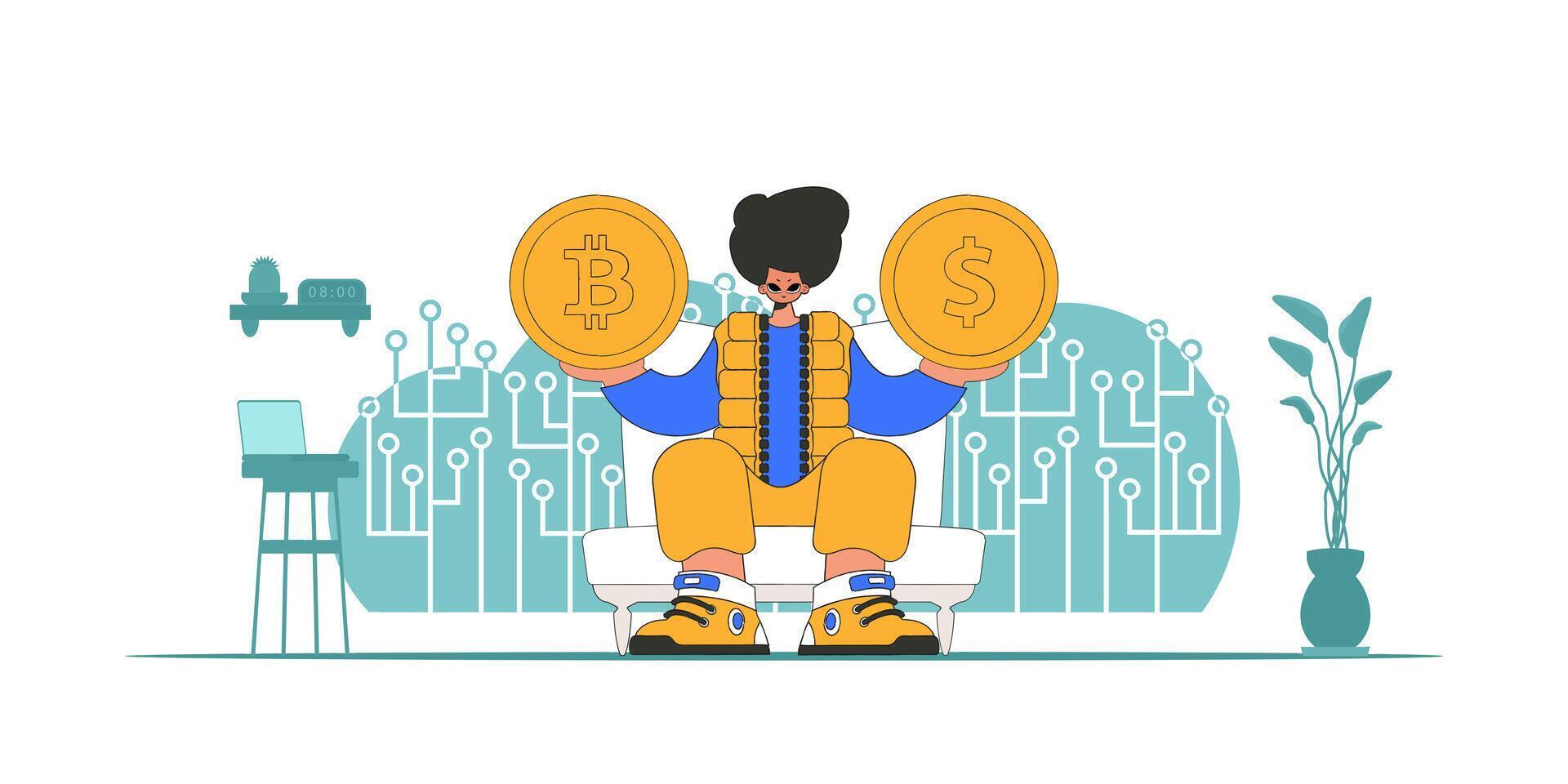 A man is holding a coin of bitcoin and dollar. The concept of interaction with digital monetary assets. vector