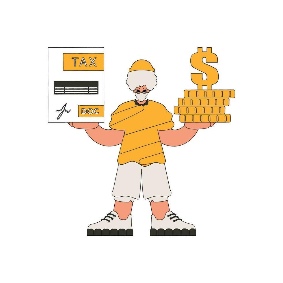 A cultured man is holding a tax form and coins in his hands. The topic of paying taxes. vector