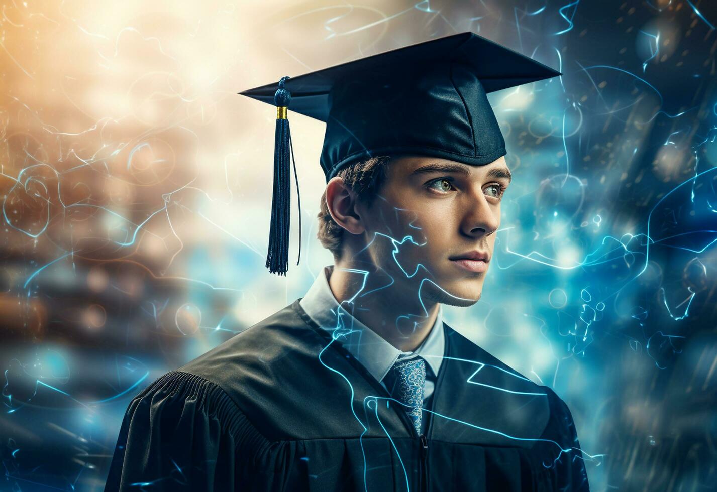 Ai Generative Double exposure photo of Young man with graduation cap technology background realistic image