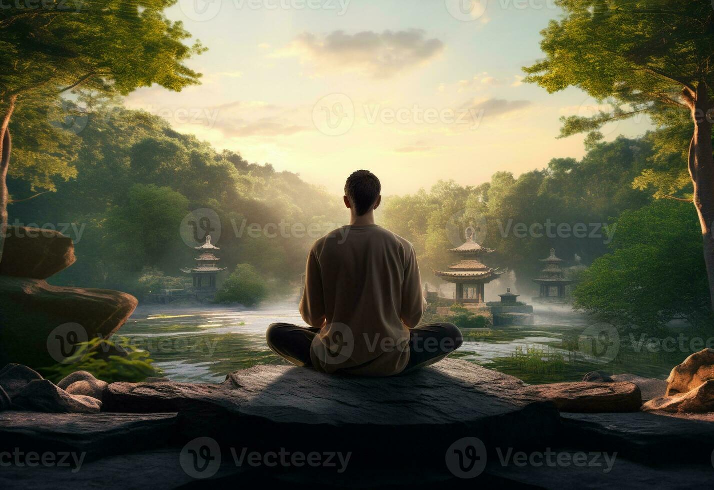 ai generative photo of a man practicing mindfulness and meditation in a peaceful natural environment sony A7s realistic image, ultra hd, high design very detailed