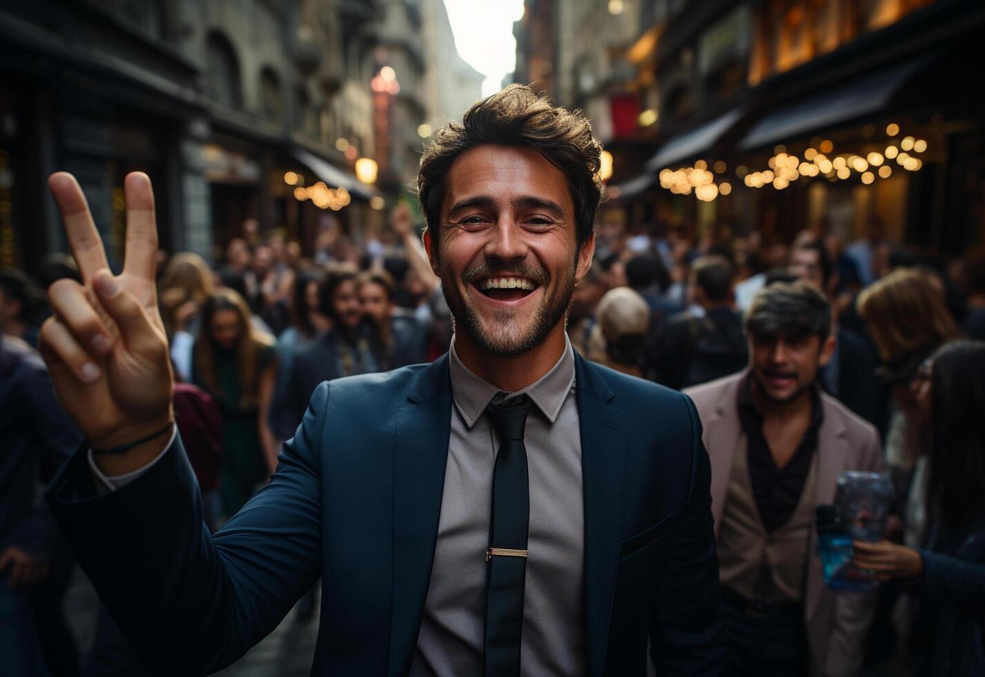 sucessfull business man celebrate his sucess on a crowded street morning picture taken from drone realistic image, ultra hd, high design very detailed photo