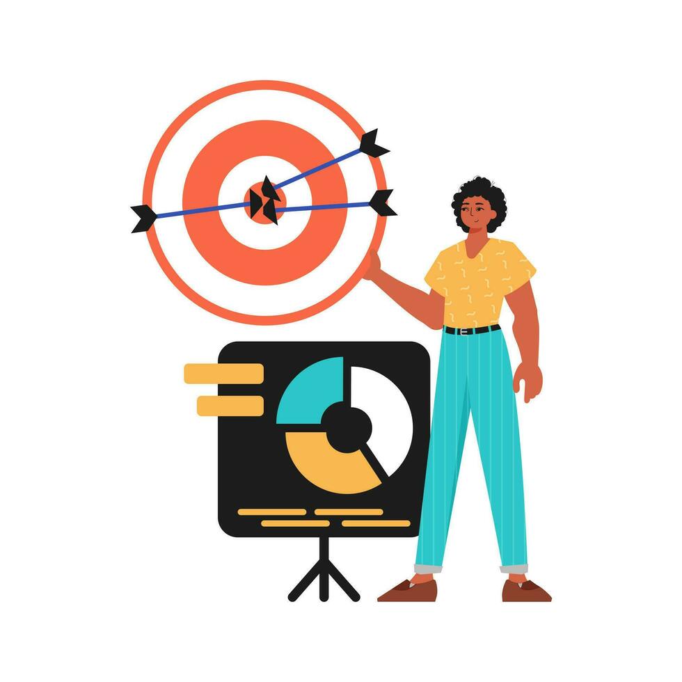 The guy holds in his hand a target with arrow that hit the center. Trendy style, Vector Illustration