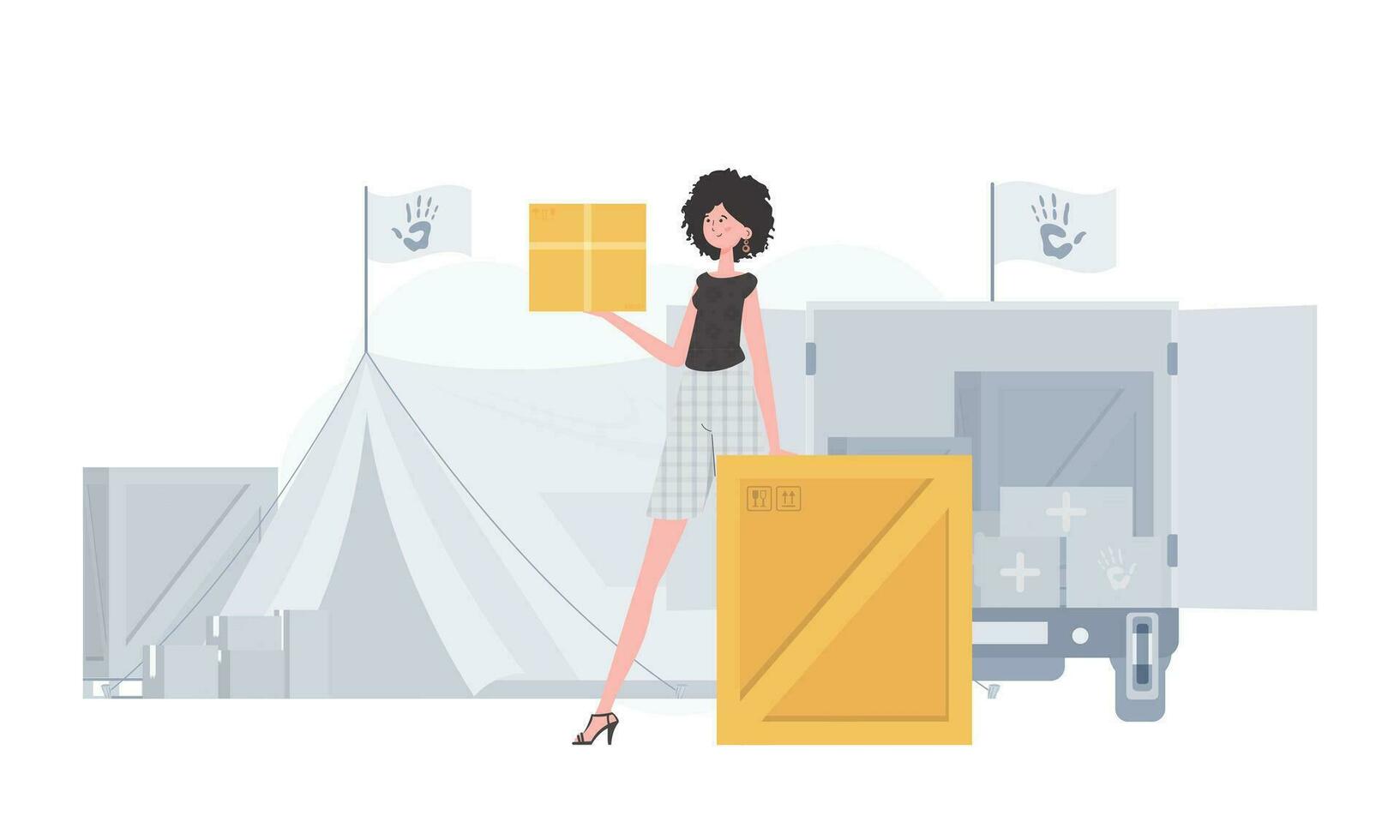 The woman is holding a parcel. The concept of humanitarian aid. Vector illustration.