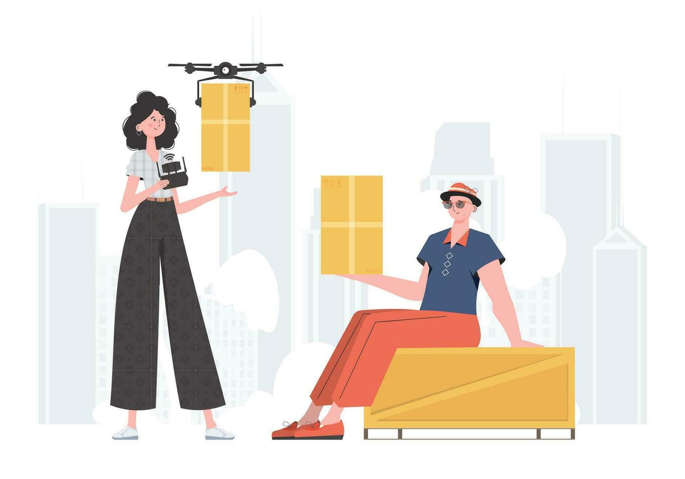 The concept of cargo delivery. The drone is transporting the parcel. Man and woman with cardboard boxes. Flat modern design. Vector. vector