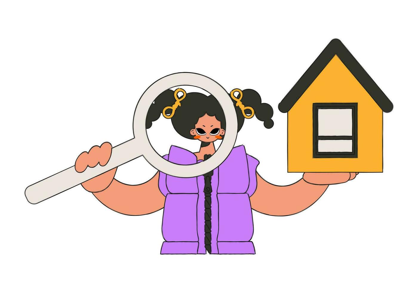 Real estate realtor woman holding house and magnifying glass. Real estate home property. vector