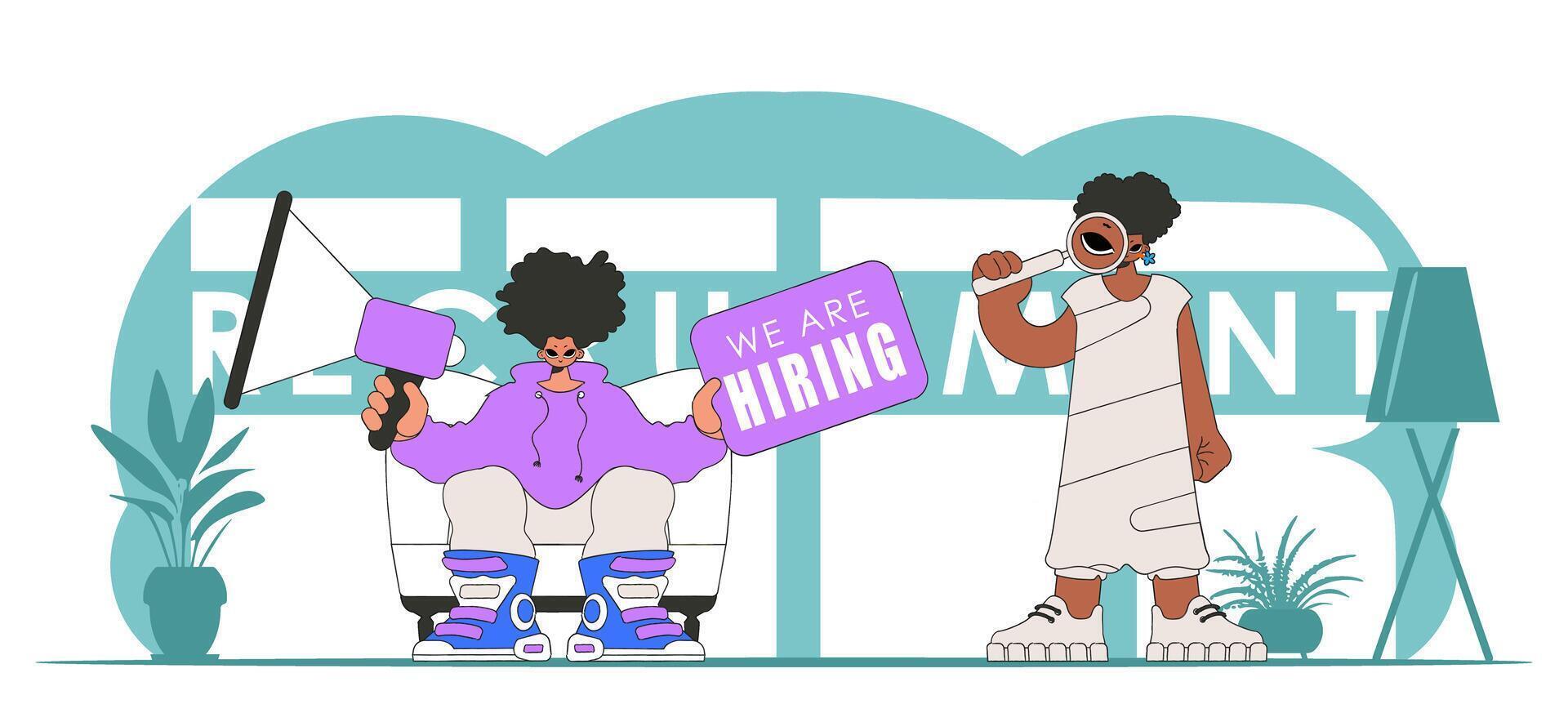 Stylized vector illustration of HR representative team. Attractive girl sits in a chair and holds a megaphone in her hand.