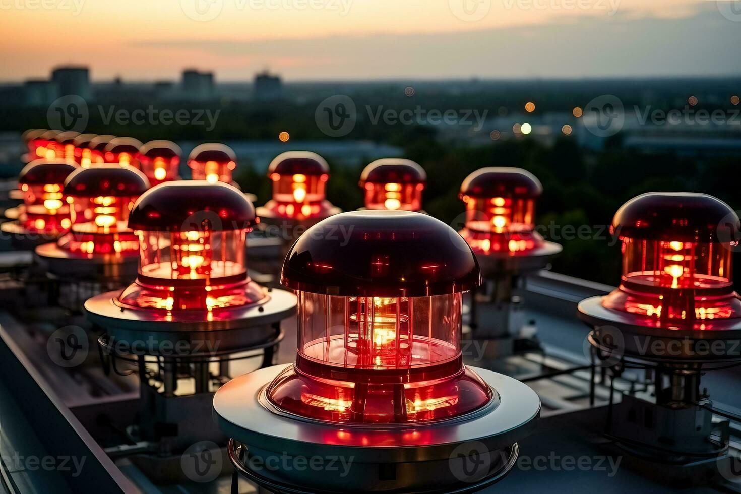 Red lights on high building roof warn air traffic airport lighting for daylight using equipment photo