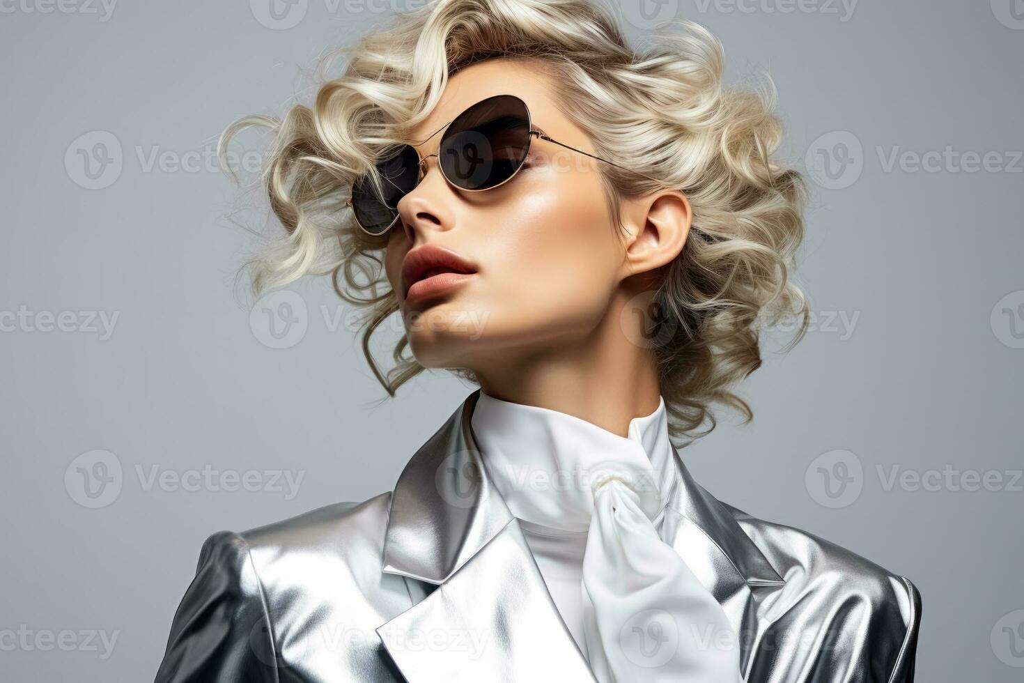 Androgynous model in metallic fashion attire isolated on a gradient monochrome background photo