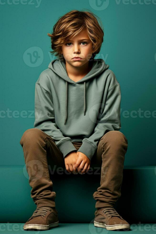 A shy child looking down isolated on a cool toned gradient background photo