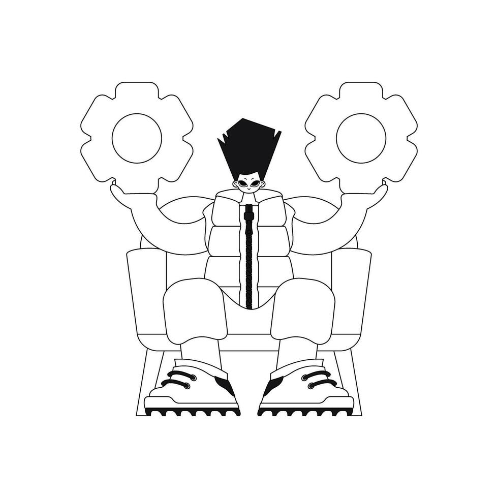 Man holds gears in hands, linear vector illustration.