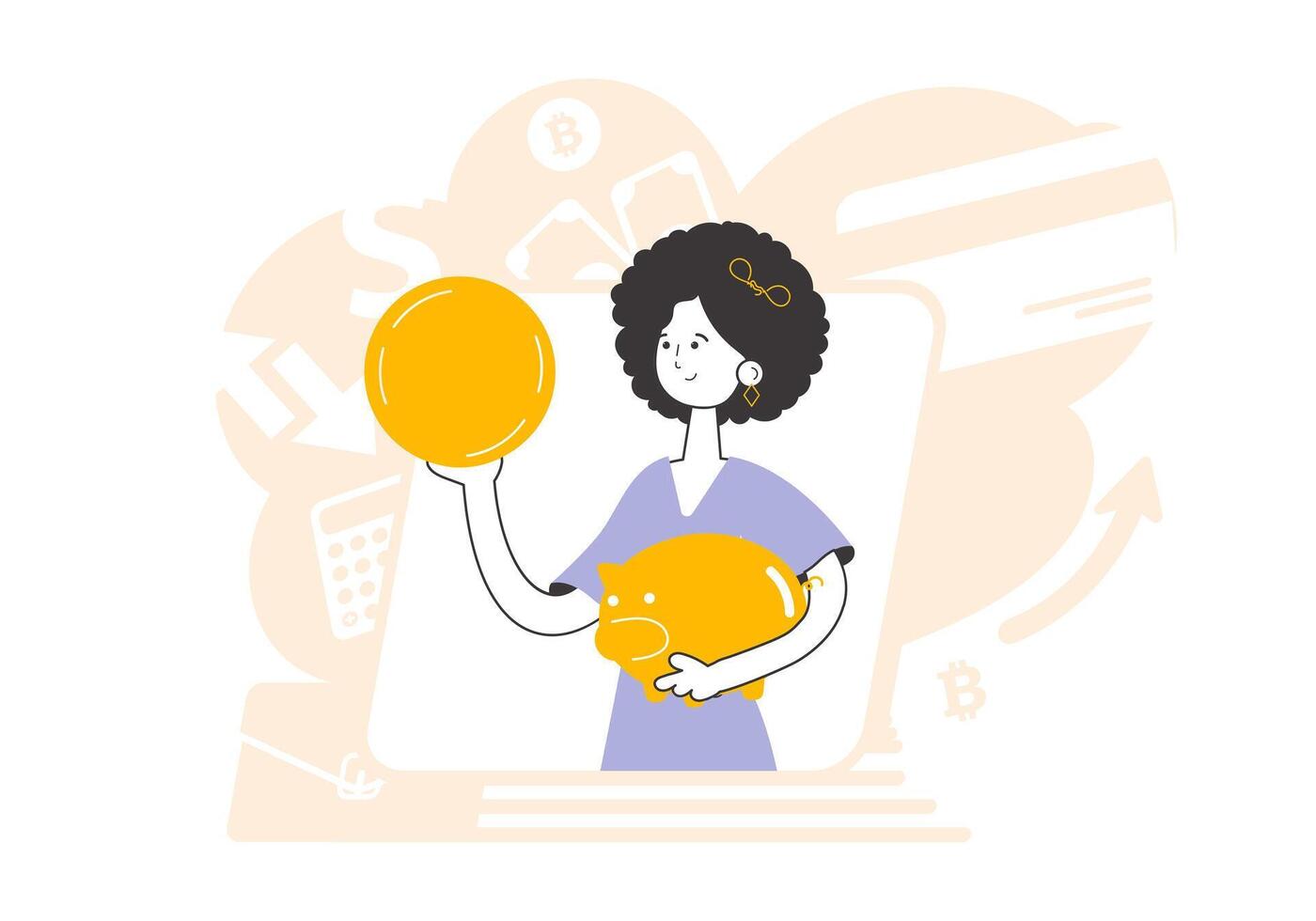 A woman holds a coin and a piggy bank in her hands. The theme of saving money. Linear trendy style. vector